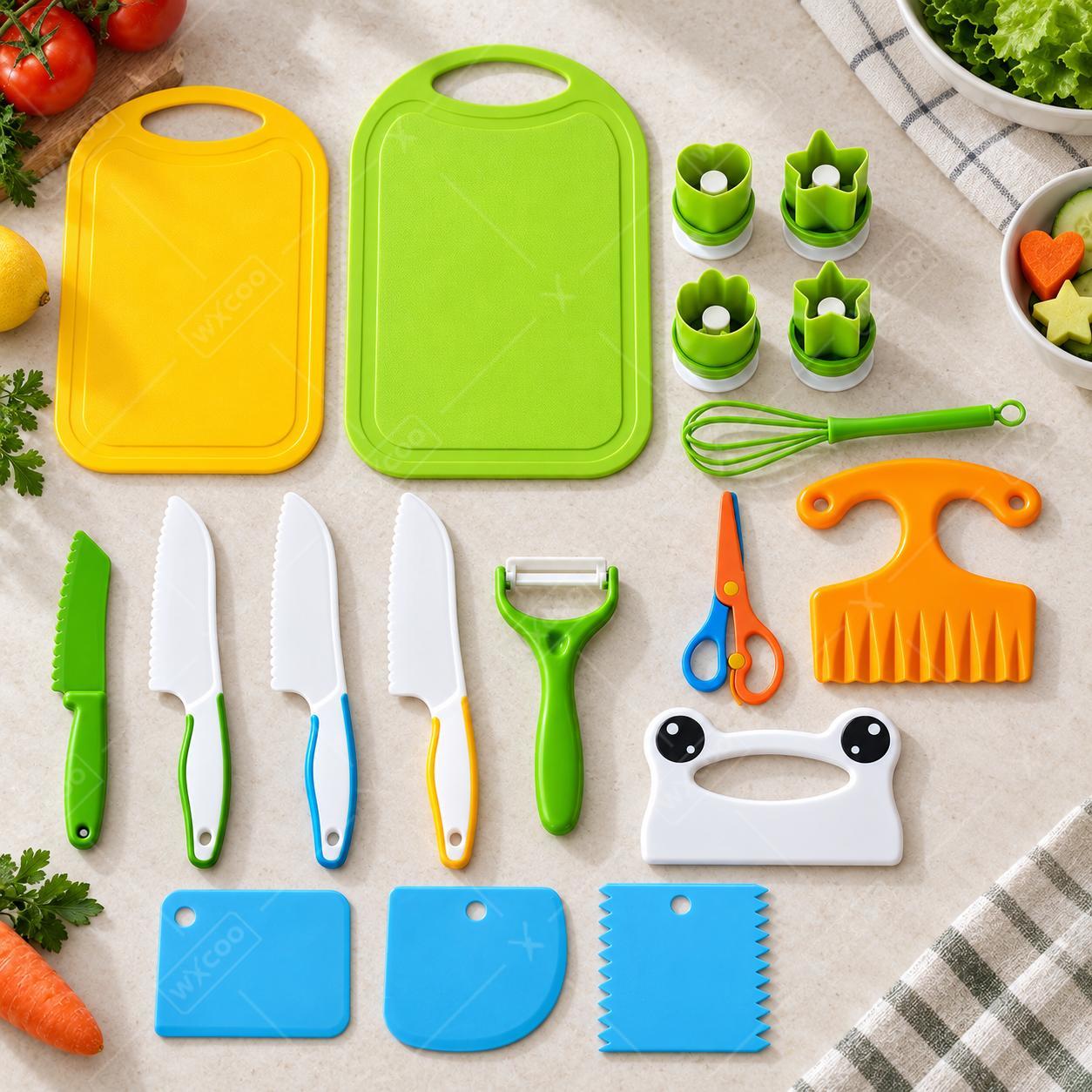 Kitchen Kids Baking Set - WXCOO Kinder-Sicherheitsmesser-Set aus Kunststoff mit Schneidebrett,